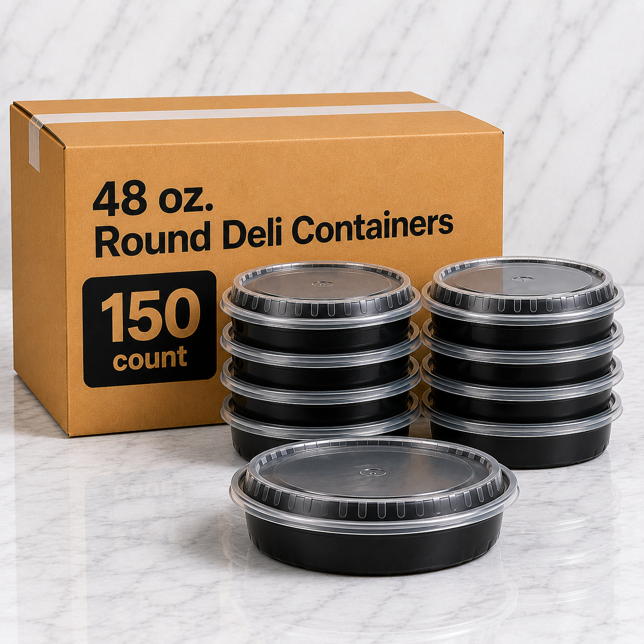 Black Round Deli Containers 48 oz (150 Ct)