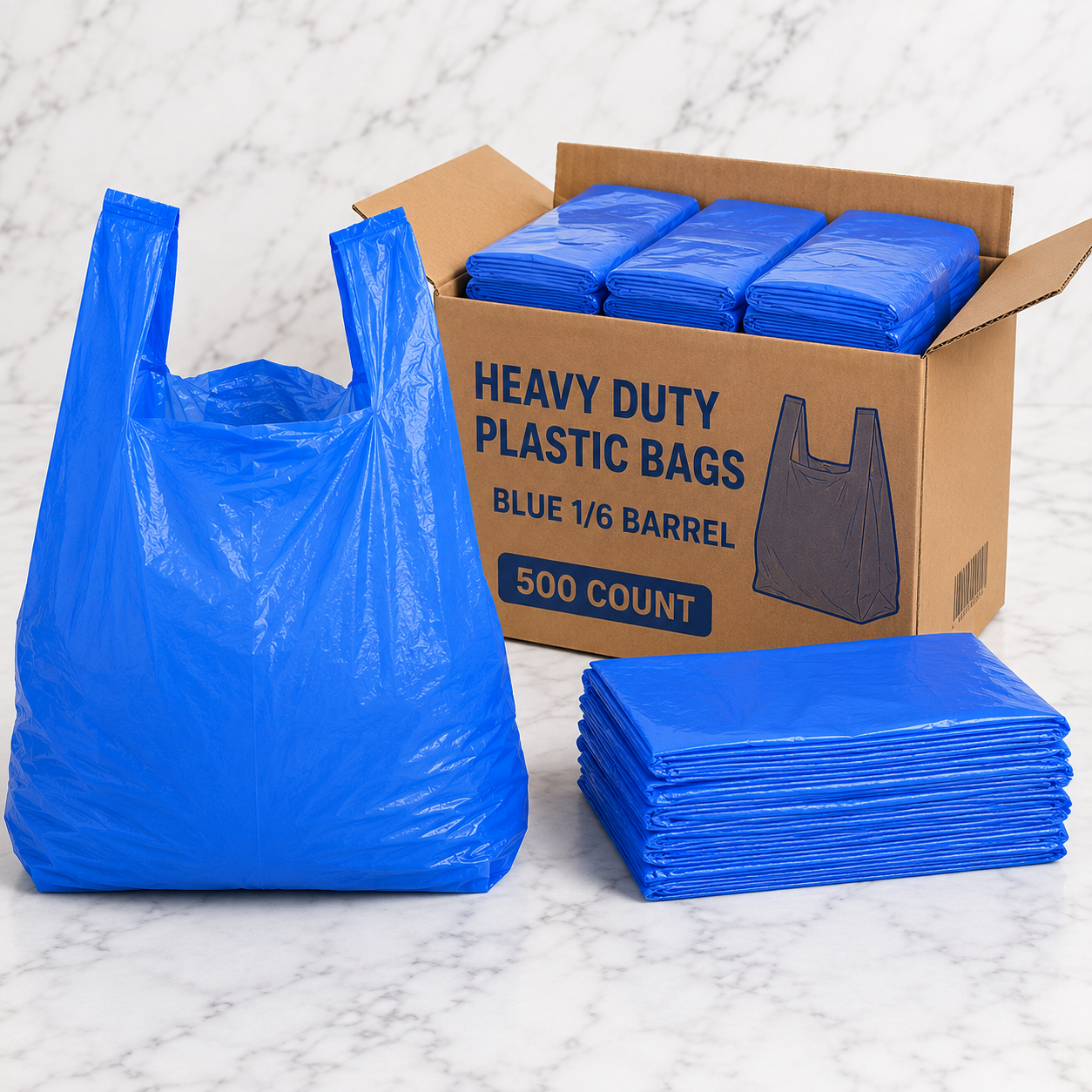 Heavy-Duty Blue Plastic Shopping Bags 1/6 Barrel (500 Ct)