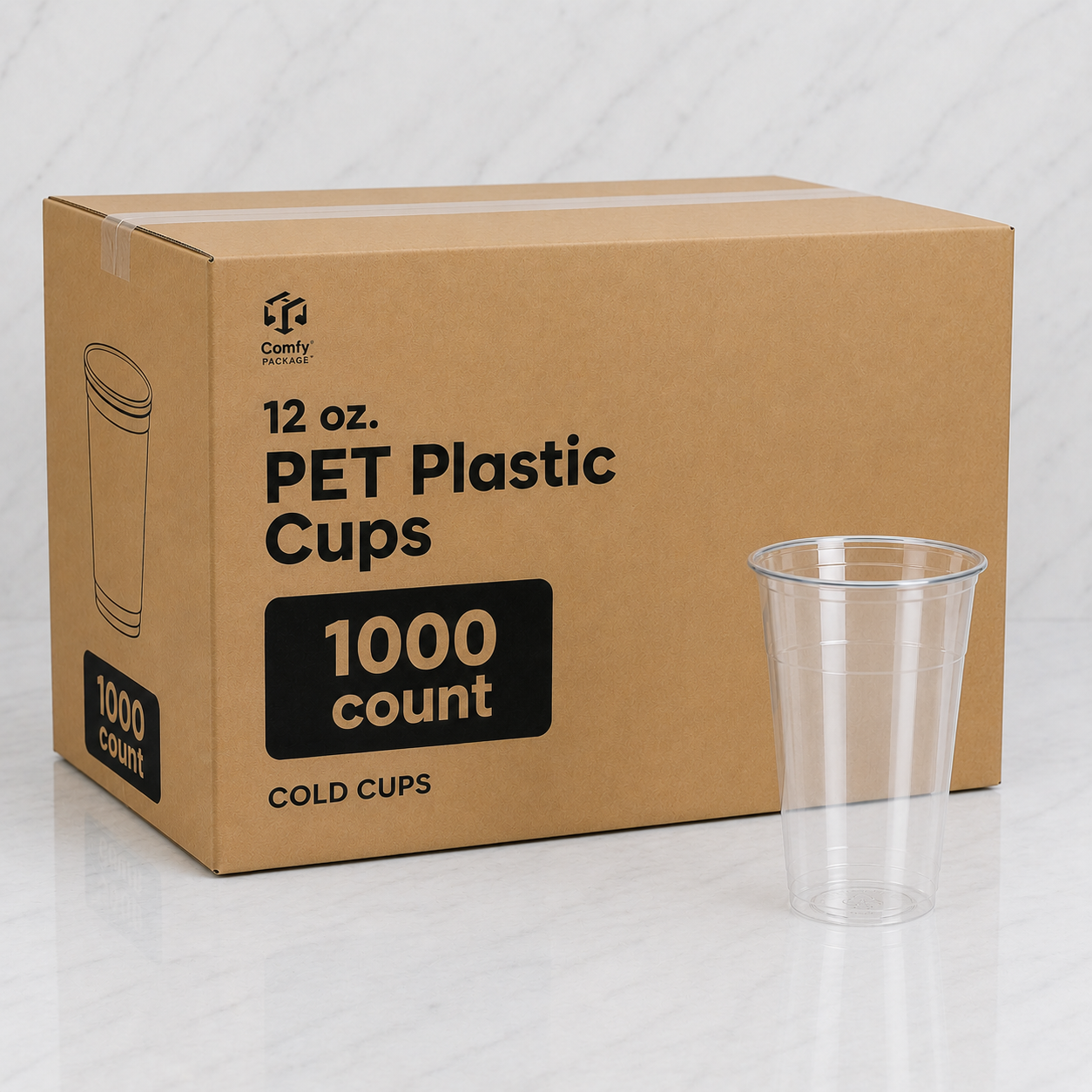 Box of 1000 12 oz. PET Plastic Cups with a clear cup on a white background