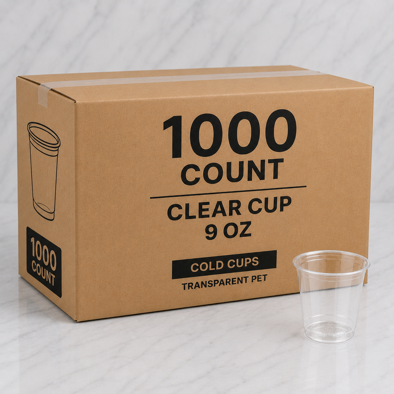 Cardboard box containing 1000 clear cups, 9 oz, on a light gray background