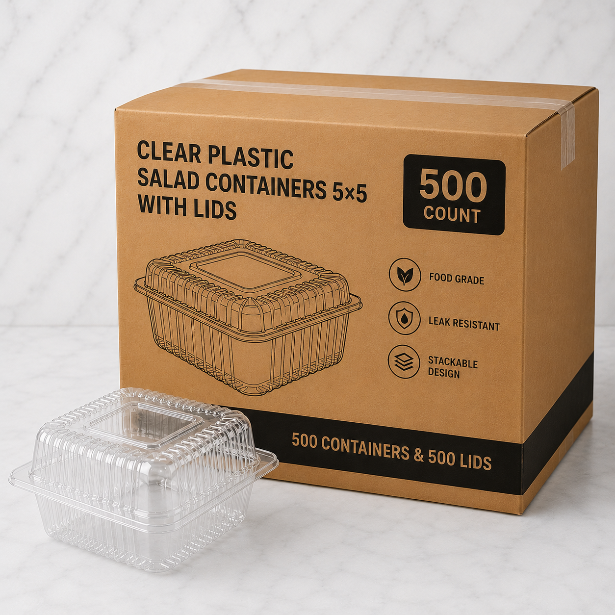 Clear Plastic Salad Containers 5x5 with Lids (500 Ct)