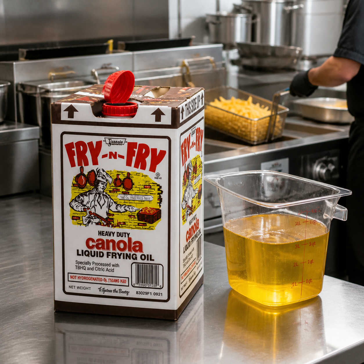 Box of Fry-N-Fry canola oil on a kitchen counter with a container of oil next to it.