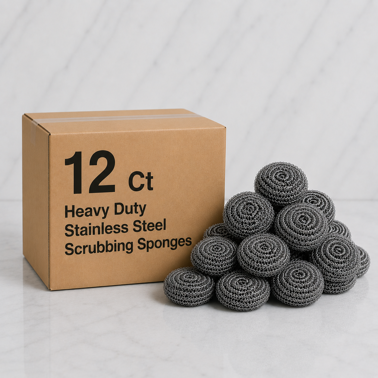 Box of 12 Heavy Duty Stainless Steel Scrubbing Sponges with multiple sponges on a light gray background