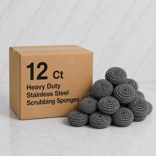 Box of 12 Heavy Duty Stainless Steel Scrubbing Sponges with multiple sponges on a light gray background
