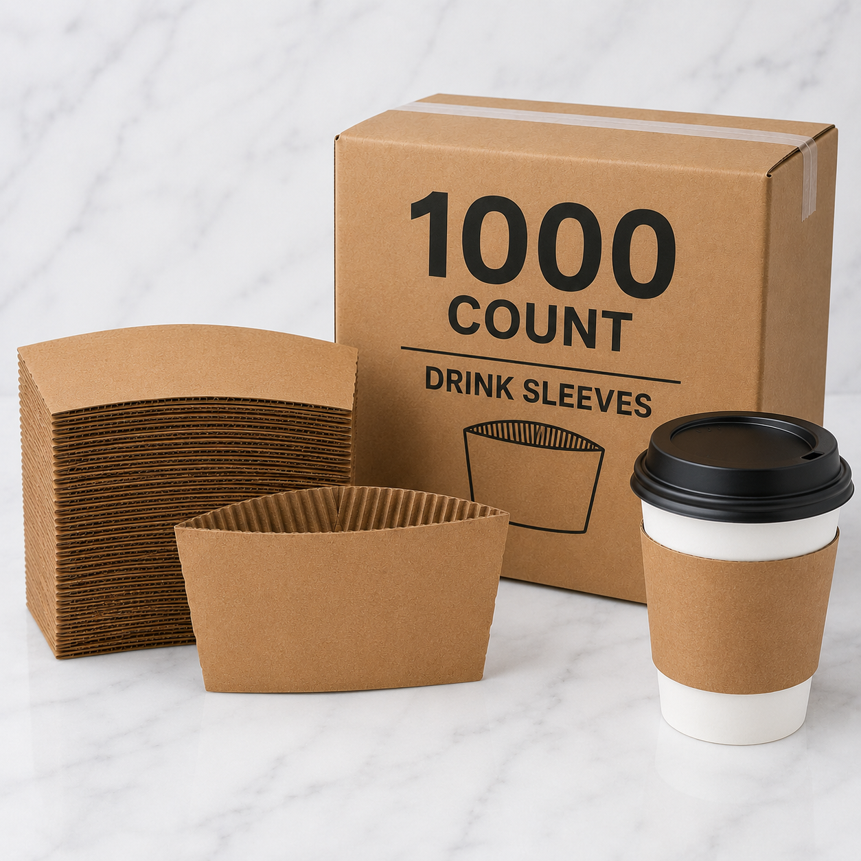 Cardboard drink sleeves and a box labeled '1000 Count Drink Sleeves' on a white background.