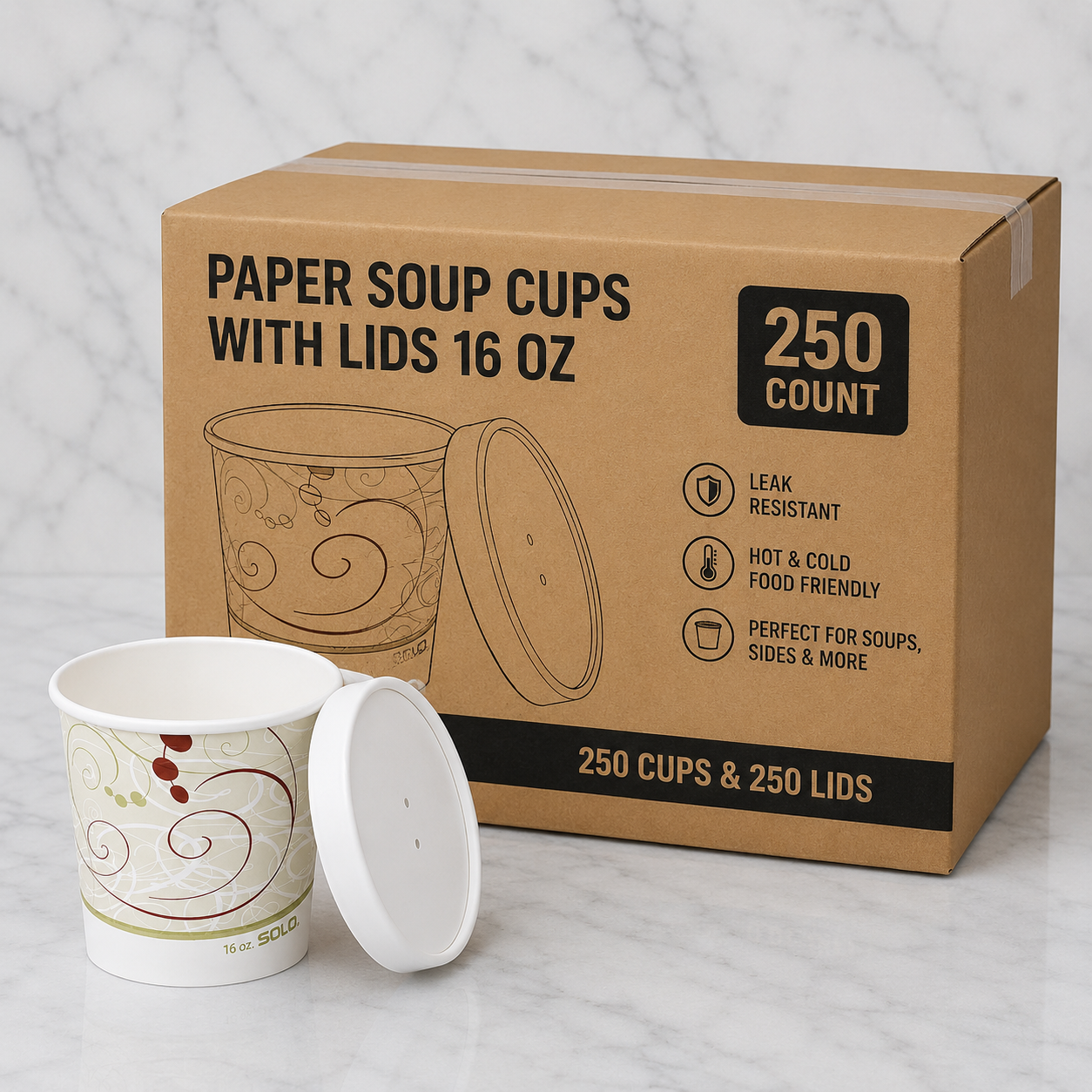 Paper Soup Cups with Lids 16 oz (250 Ct)