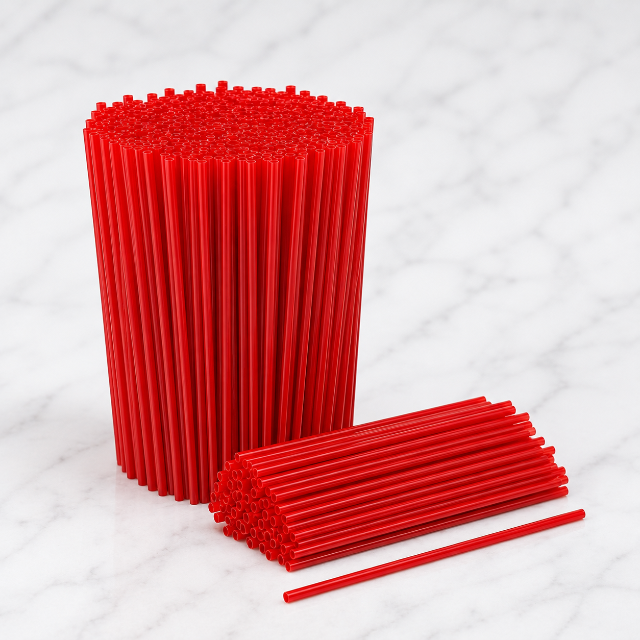 Red straws stacked on a white textured surface