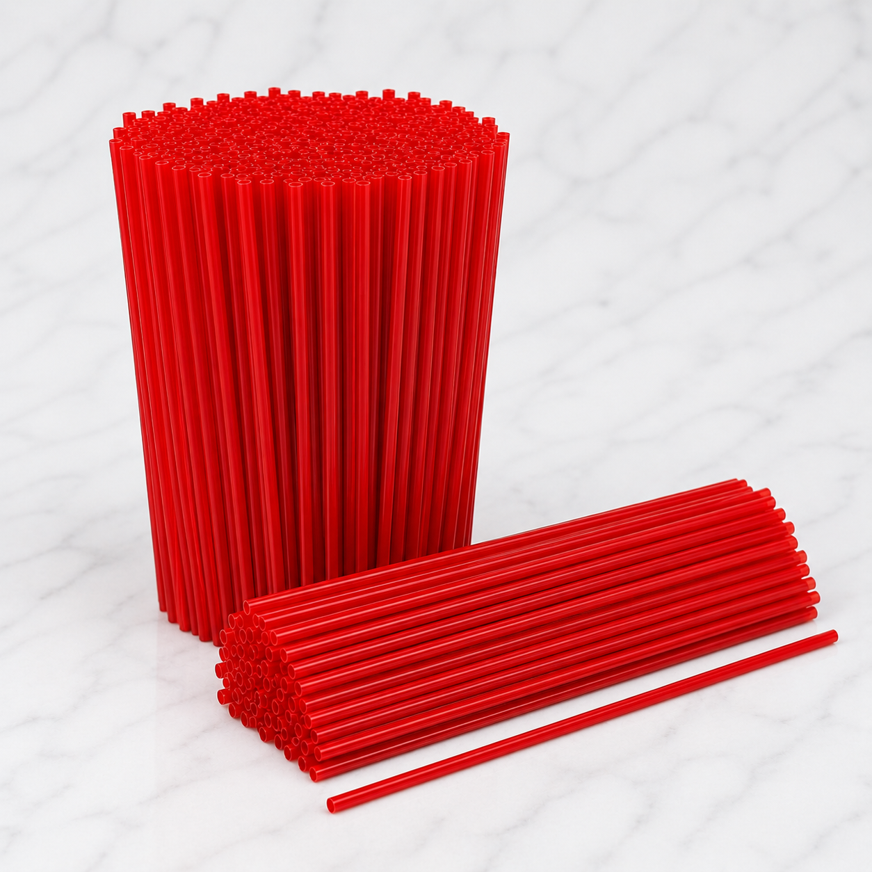 Red straws stacked on a white background