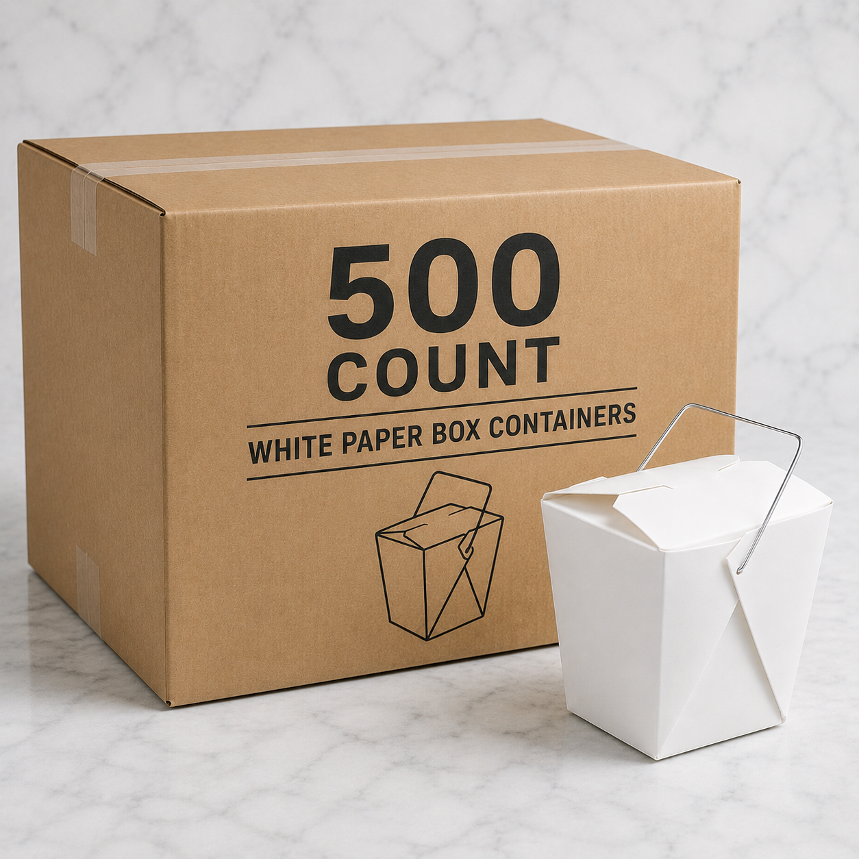 Bulk case of 500 white paper box containers displayed next to a single white takeout container on a light marble background. Clean commercial product image for restaurant takeout packaging