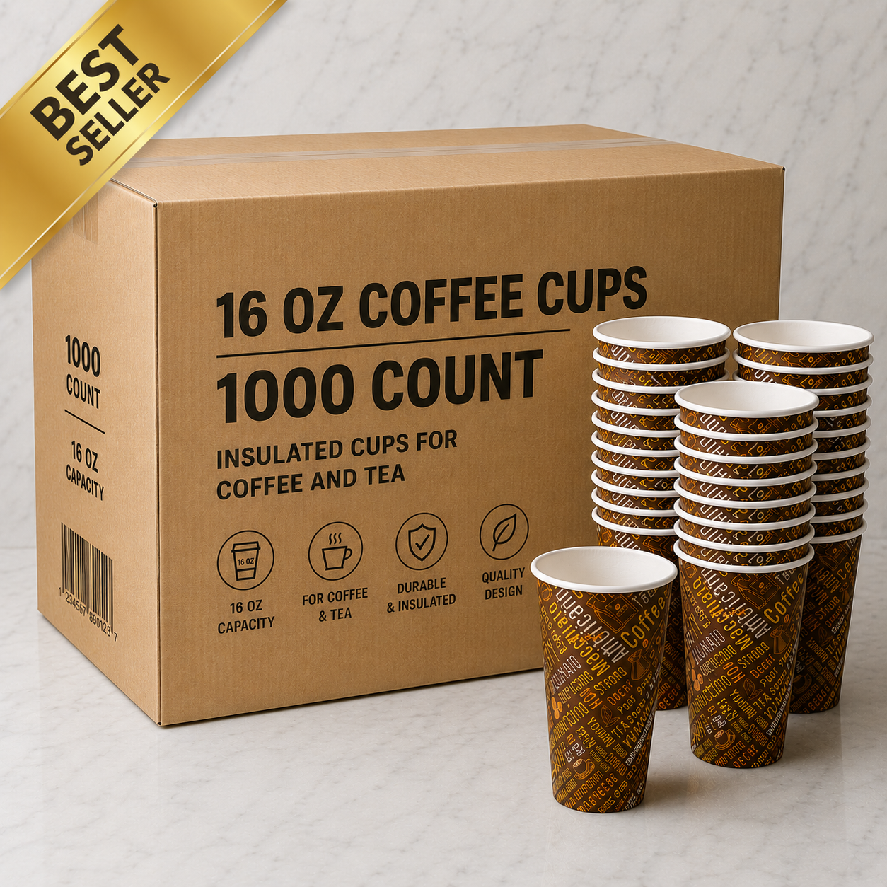 Box of 16 oz coffee cups with a stack of cups on a light background