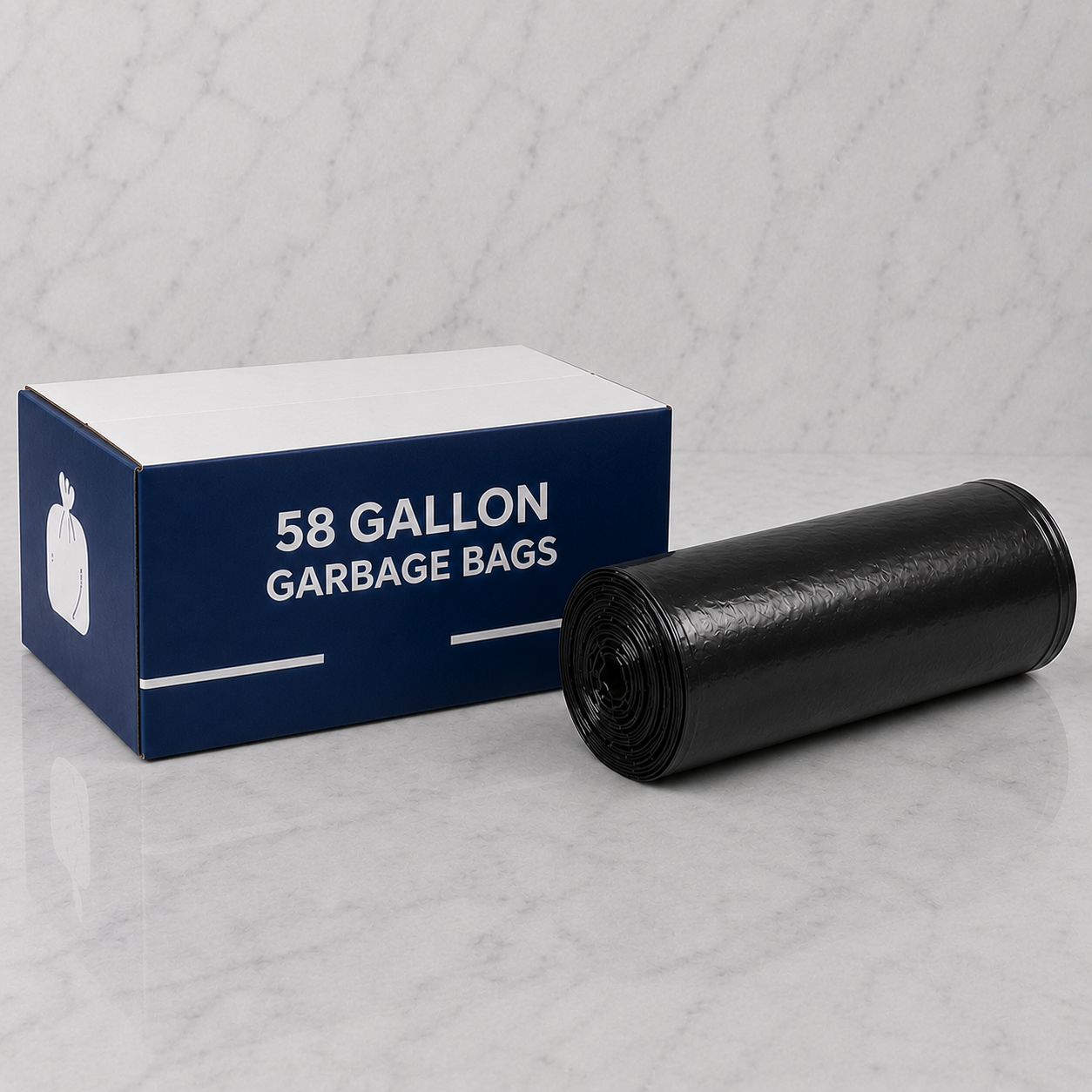 58-gallon garbage bags with a box on a gray background
