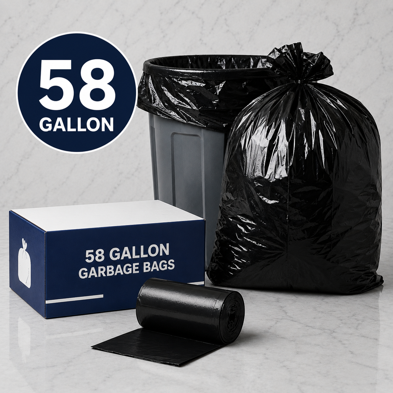 58 gallon heavy-duty black garbage bag rolls for commercial kitchen and janitorial cleaning use