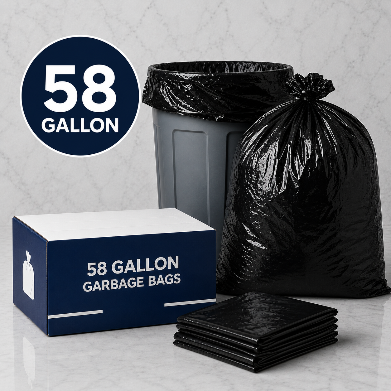 58 gallon heavy-duty black garbage bags bulk box for commercial kitchen and janitorial use
