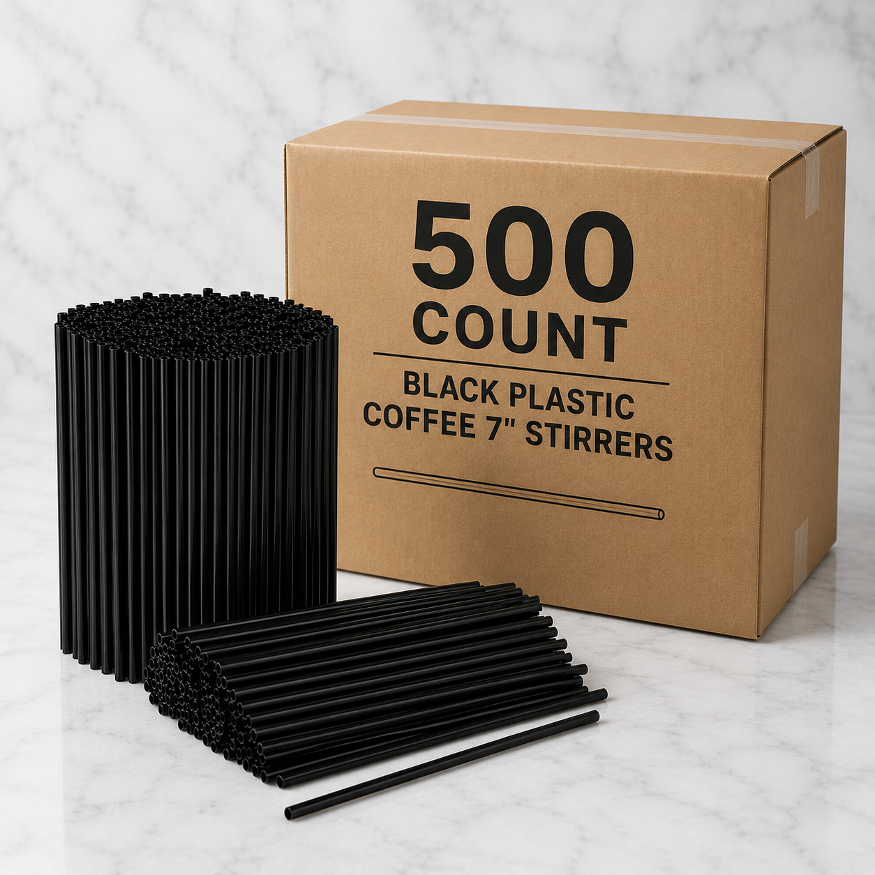Box of 500 black plastic coffee stirrers on a marble surface
