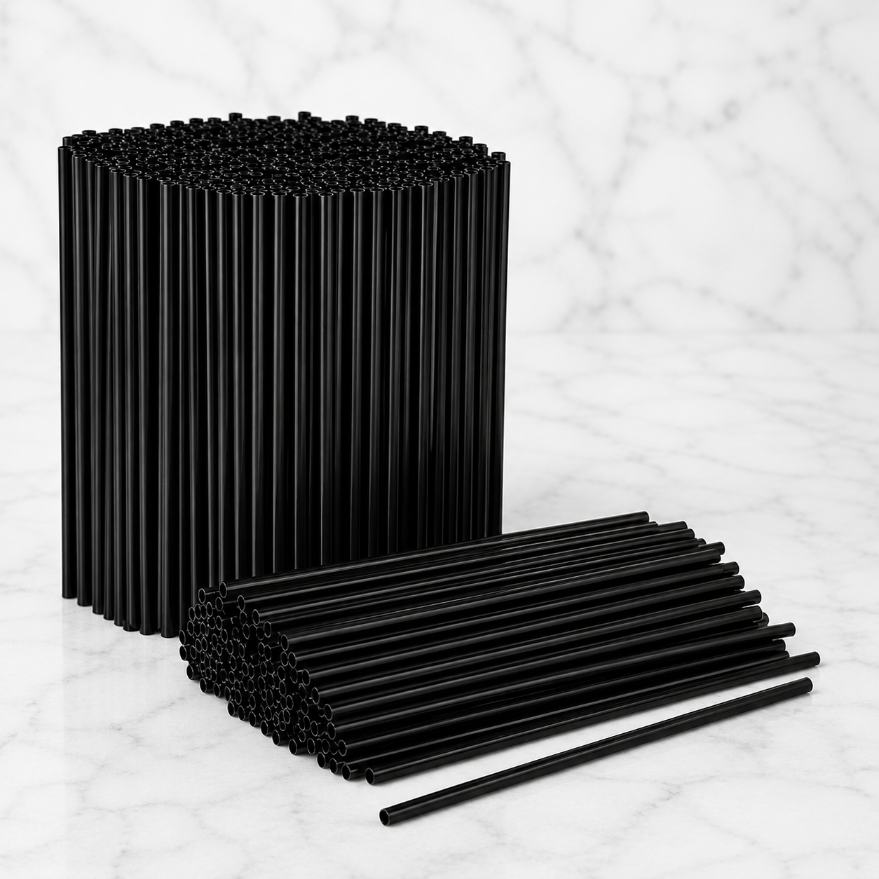 Bulk pack of 7-inch black coffee stirrers standing upright with additional stir sticks stacked horizontally in front, used for stirring hot coffee, tea, and other drinks.