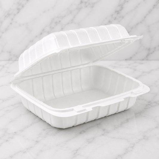 Two white disposable food containers with lids on a marble surface