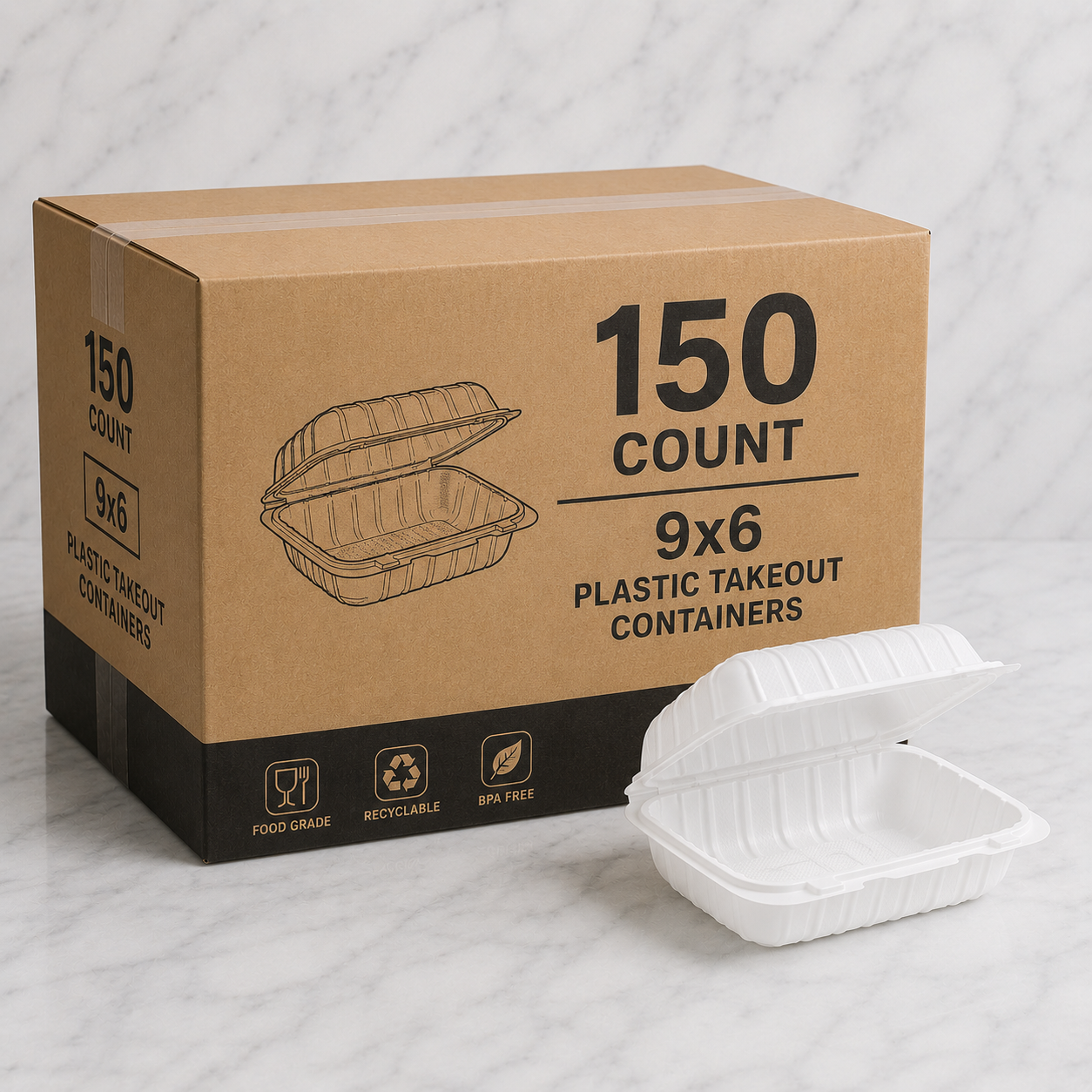 Cardboard box of 150 count 9x6 plastic takeout containers with a single container on a white background.