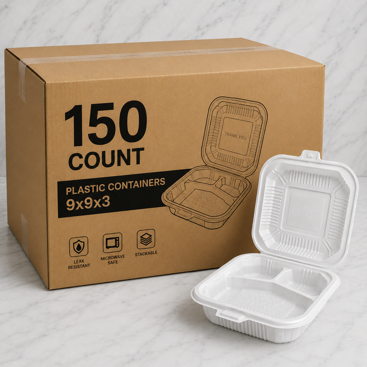 Deep Plastic Takeout Containers 9x9x3 (150 Ct)