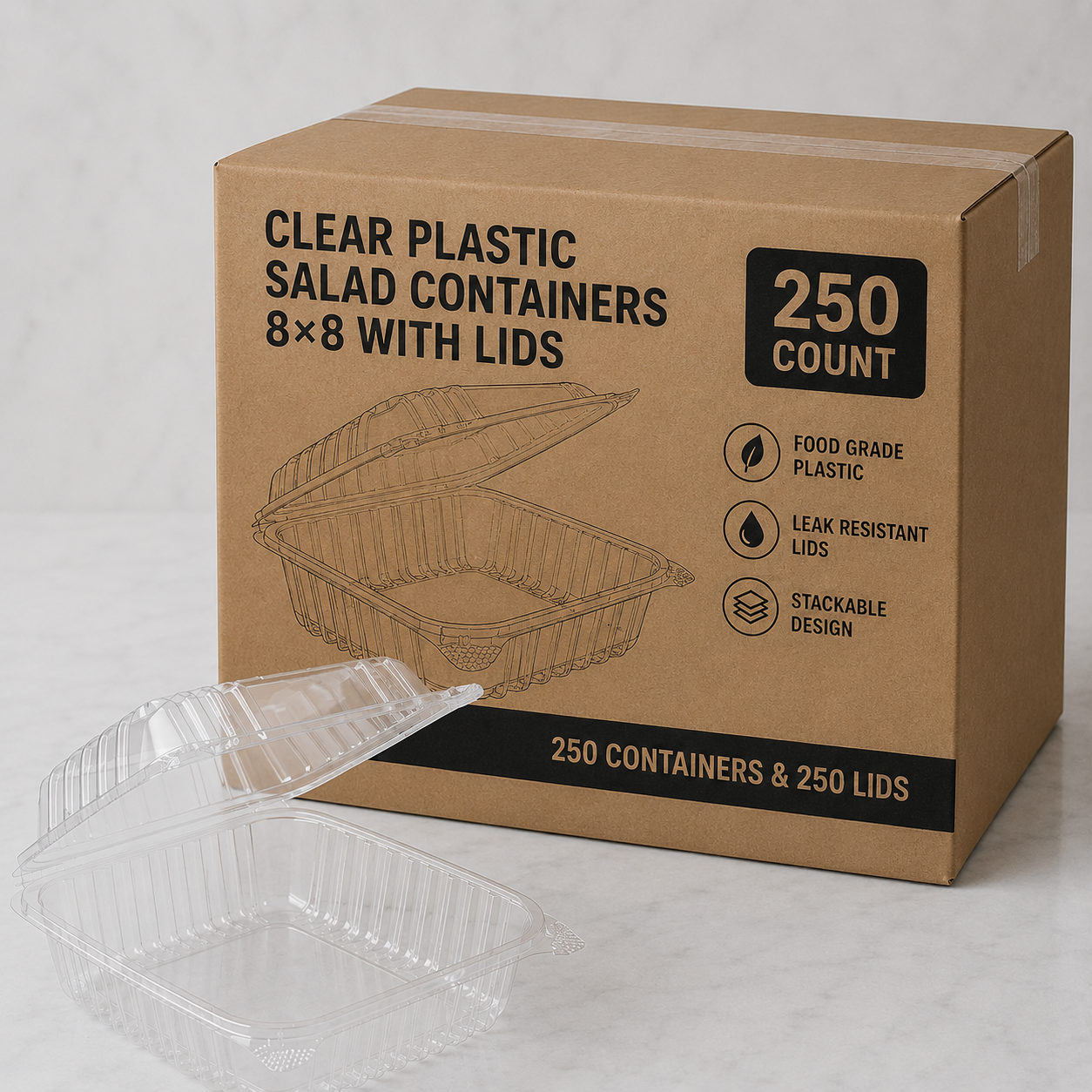 Clear Plastic Salad Containers 8x8 with Lids (250 Ct)