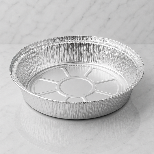 Bulk 8-inch round aluminum foil pans, 500-count case, heavy-duty disposable bake and serve pans