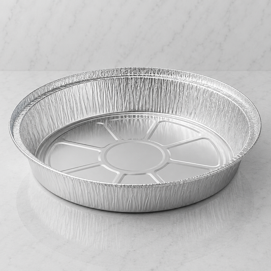 9 inch heavy-duty disposable aluminum round foil pan for baking, catering, desserts, and food service use