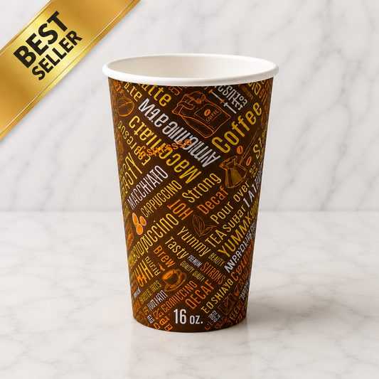 Paper cup with coffee-themed text design on a white background, labeled as a bestseller.
