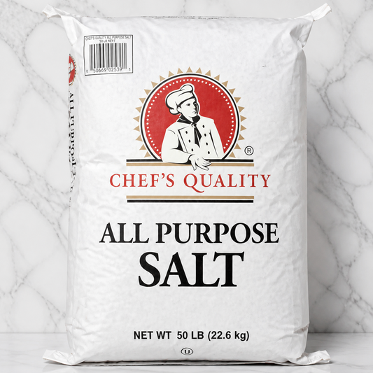 Bag of Chef's Quality all-purpose salt on a marble background