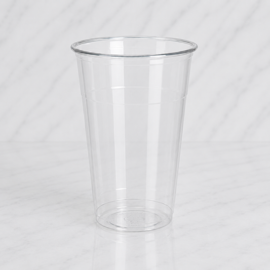 Clear plastic cup on a white background