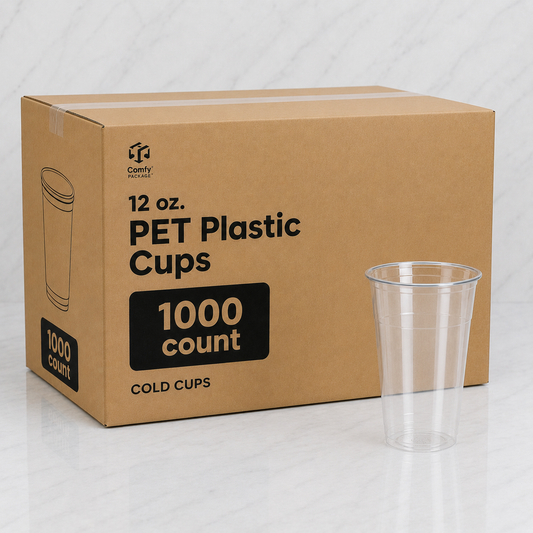 Box of 1000 12 oz. PET Plastic Cups with a clear cup on a white background