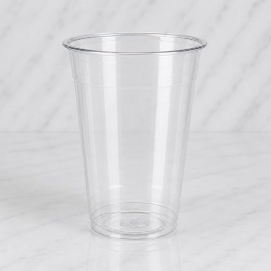 Clear plastic cup on a white background