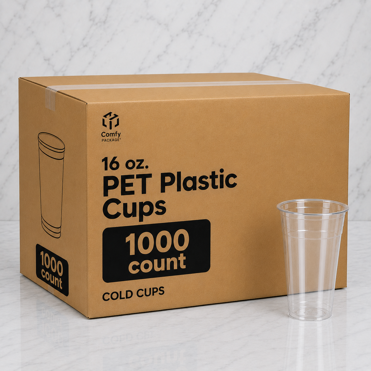 Box of 16 oz. PET Plastic Cups with a clear cup on a light gray background