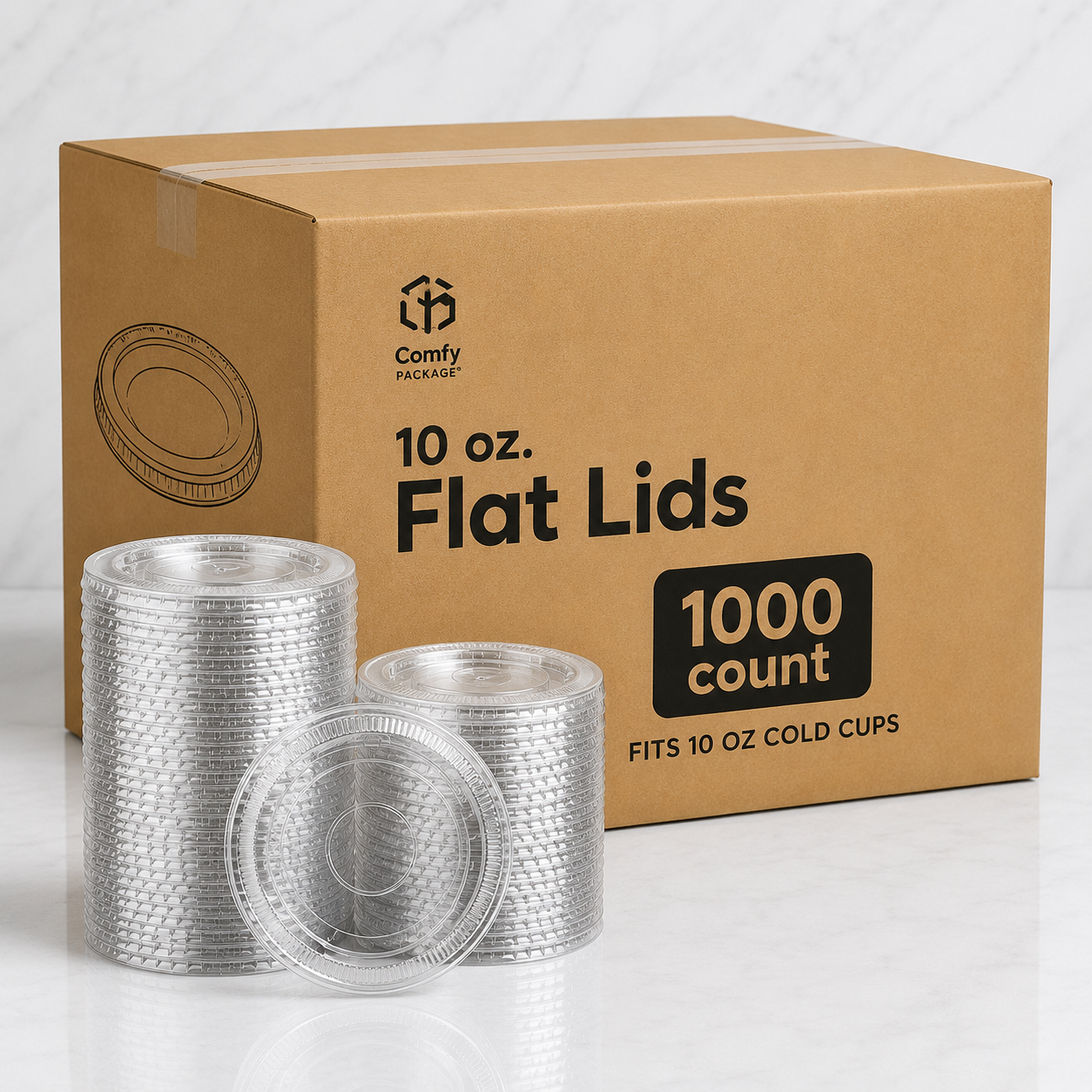 Box of 10 oz. Flat Lids with Comfy Package branding on a white background