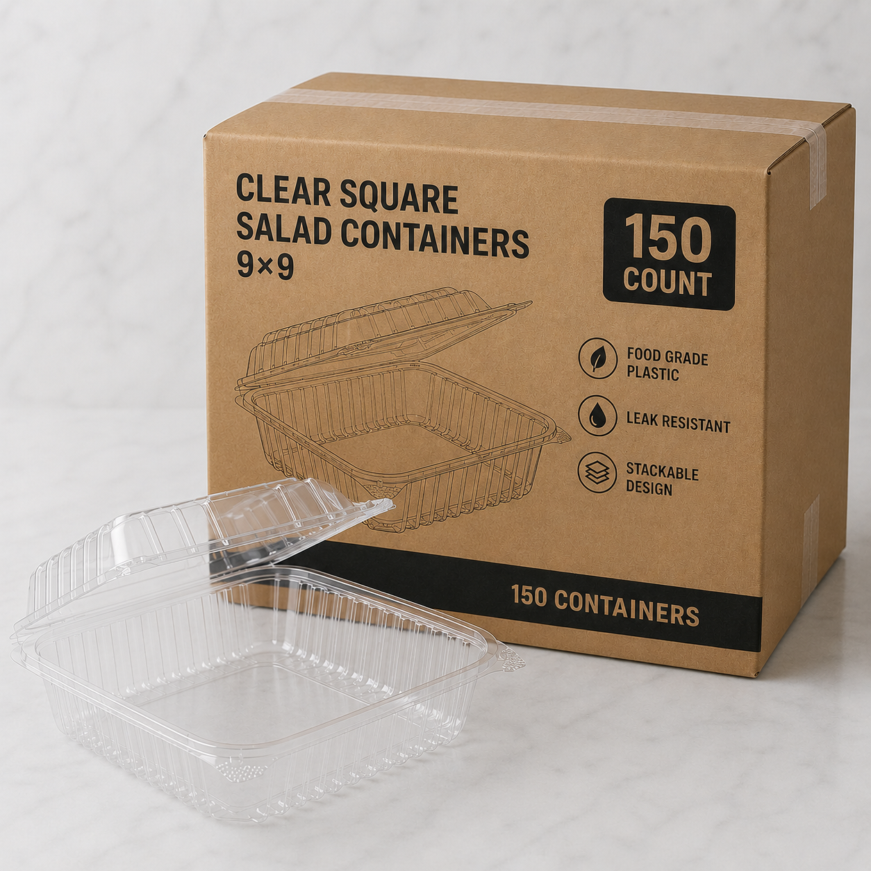 Clear Square Salad Containers 9x9 (150 Ct)