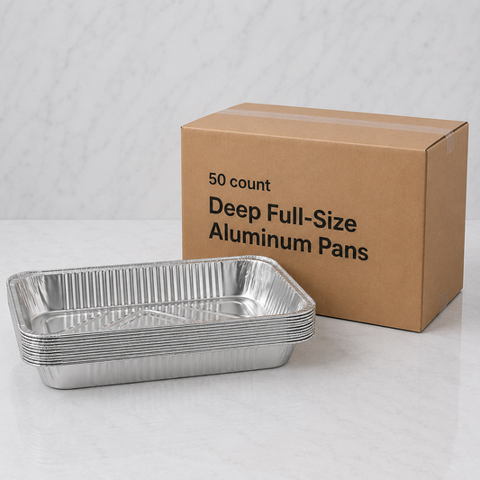 Stack of deep full-size aluminum pans with a cardboard box labeled '50 count Deep Full-Size Aluminum Pans' on a light gray background.