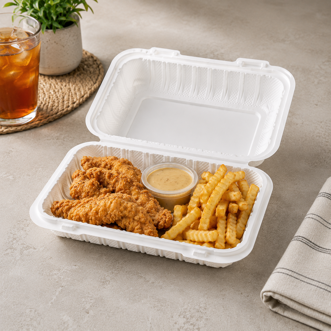 Take-out container with fried chicken, fries, and sauce on a table with a drink and plant.