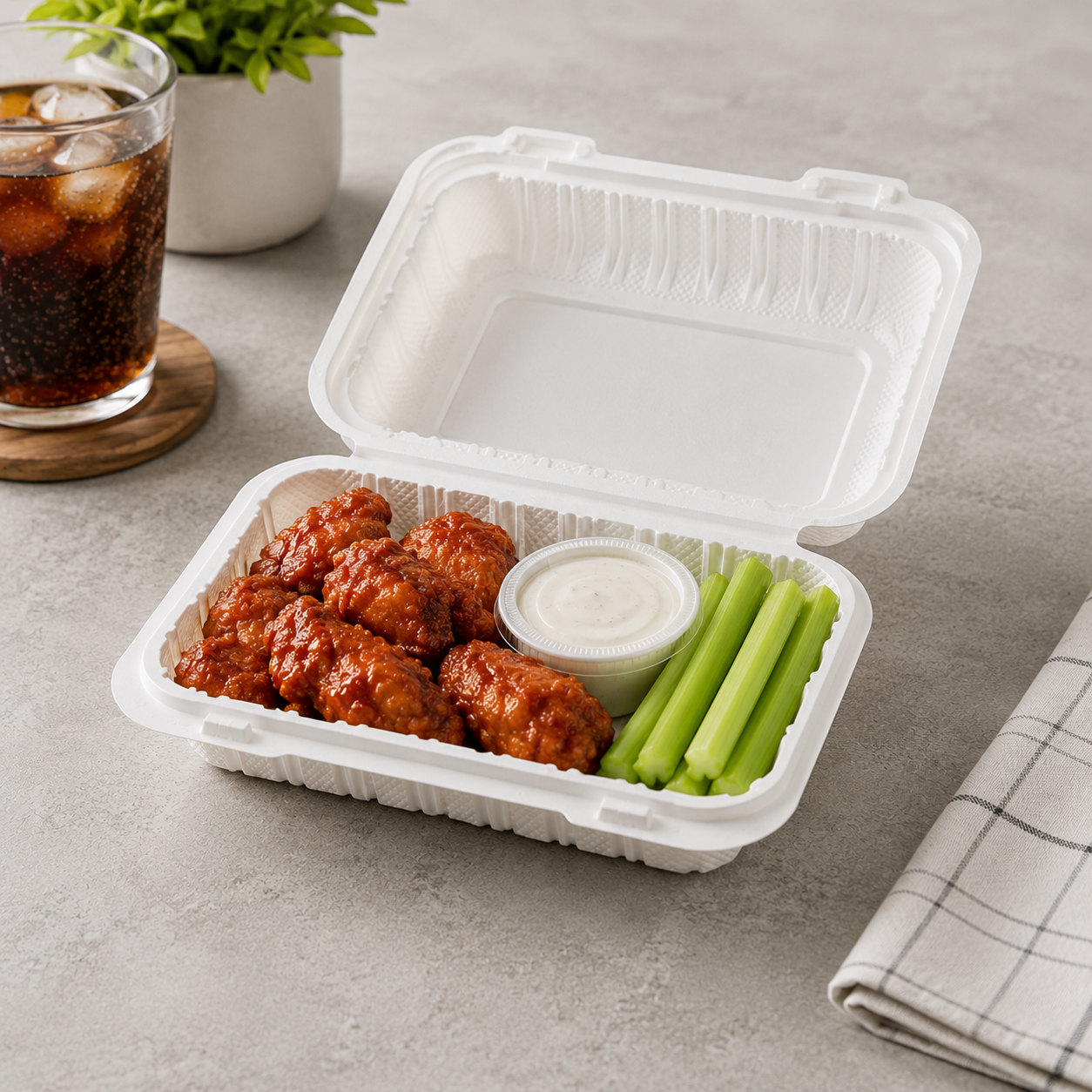 Take-out container with wings, celery, and dip on a gray surface with a glass of soda and plant in the background.