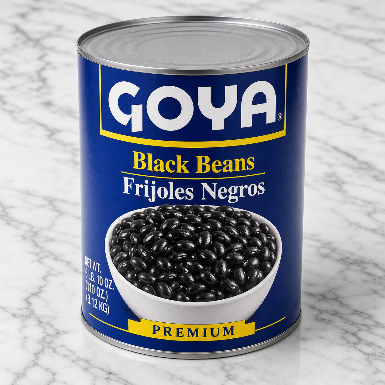 Can of Goya Black Beans on a marble surface