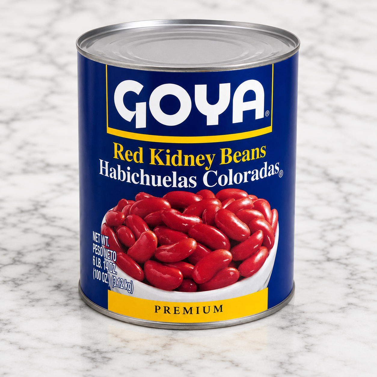 6 pound can of GOYA Red Kidney Beans on a white marble surface