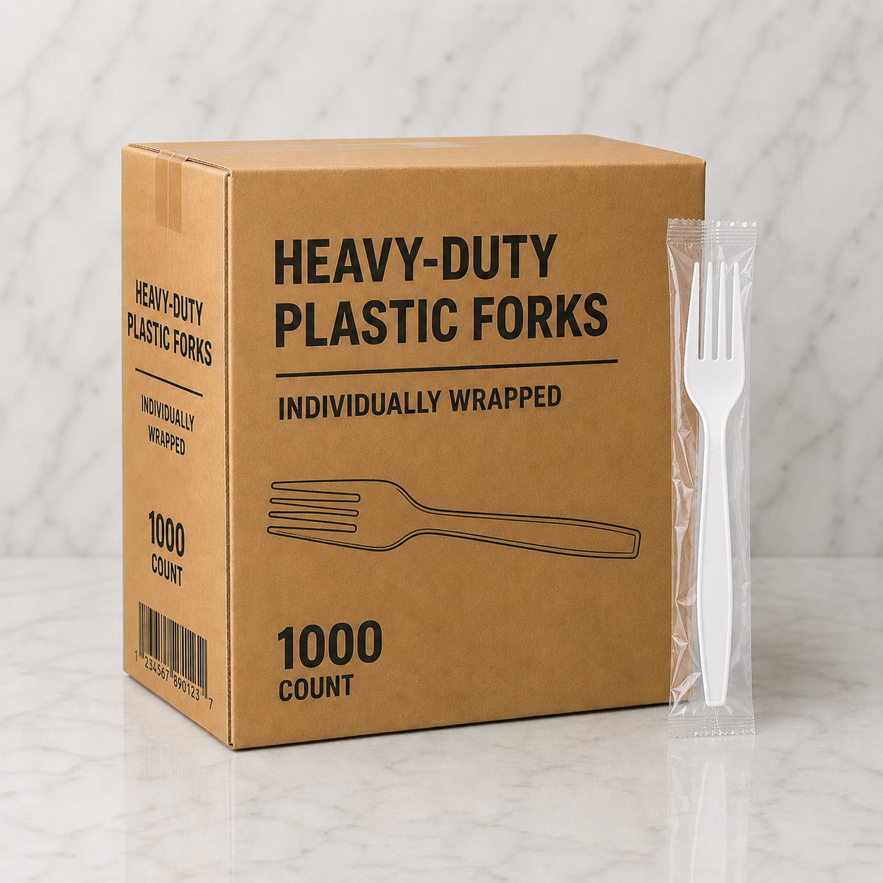 Box of heavy-duty plastic forks with a single fork outside the box on a light gray background