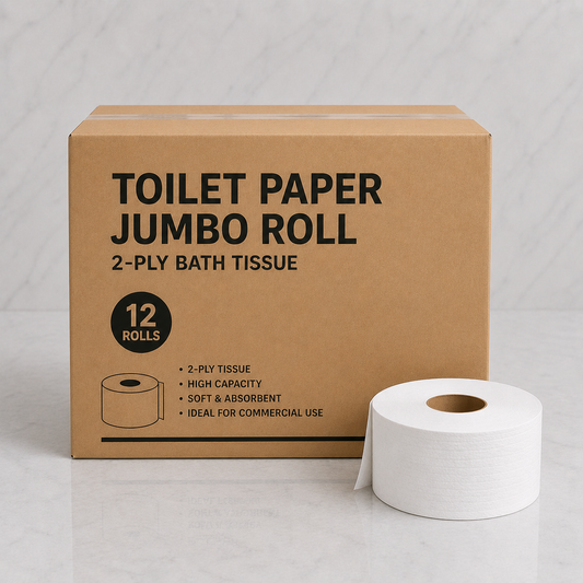 Cardboard box of toilet paper jumbo roll with a roll of toilet paper on a light gray background