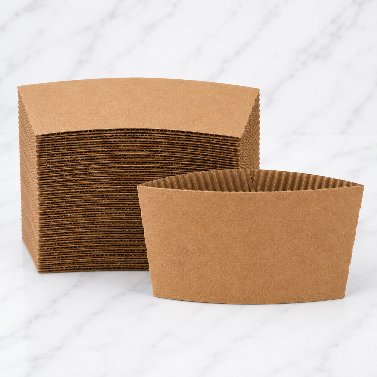 Stack of brown paper cups on a white background