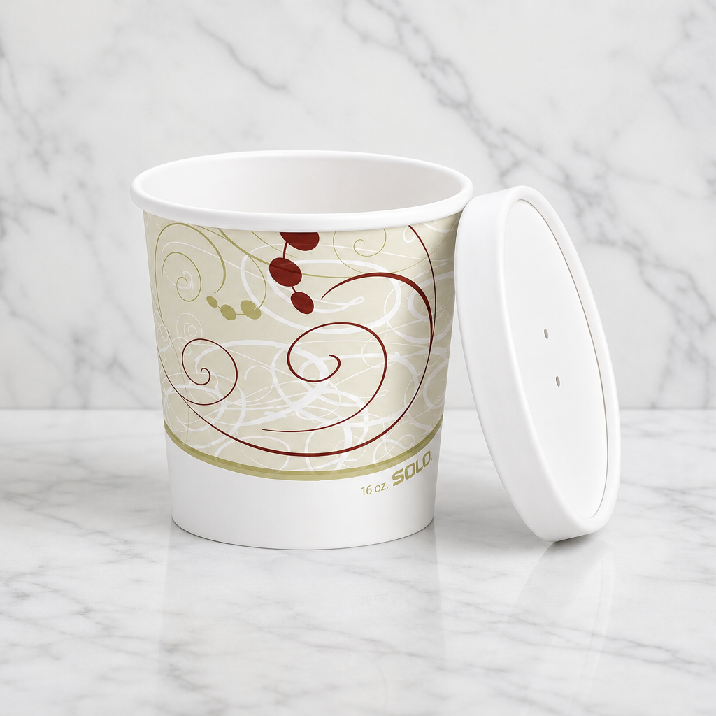 Paper ice cream container with decorative design on a marble surface