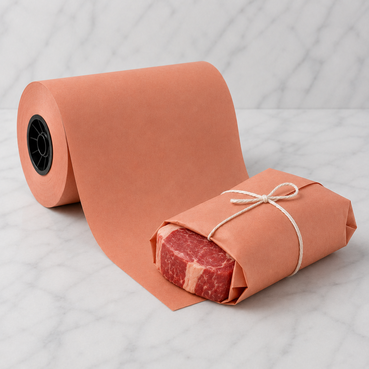 Roll of brown butcher paper with a wrapped piece of meat on a light gray background