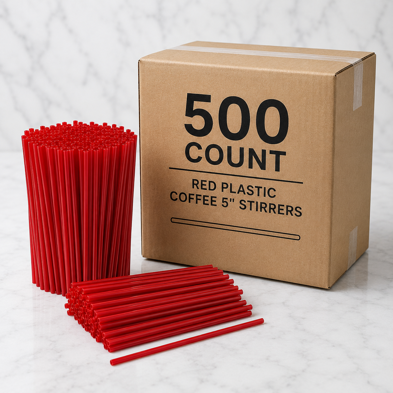 Box of 500 red plastic coffee stirrers on a white marble surface