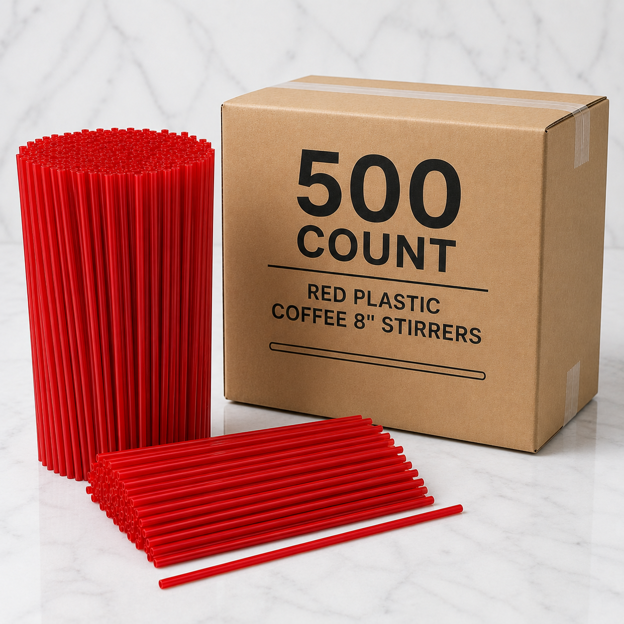 Box of 500 red plastic coffee stirrers on a white background