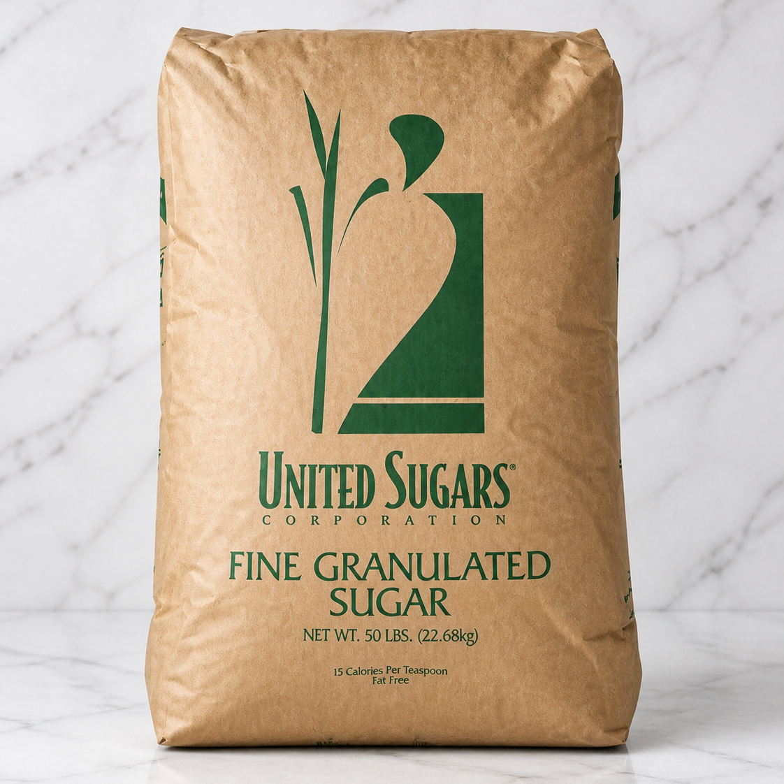 Bag of United Sugars Corporation fine granulated sugar on a marble surface