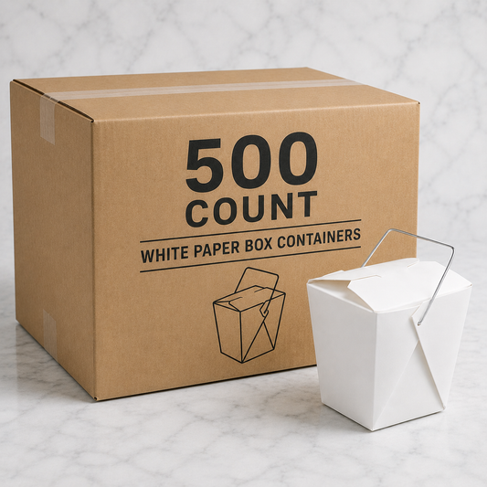 Bulk case of 500 white paper box containers displayed next to a single white takeout container on a light marble background. Clean commercial product image for restaurant takeout packaging