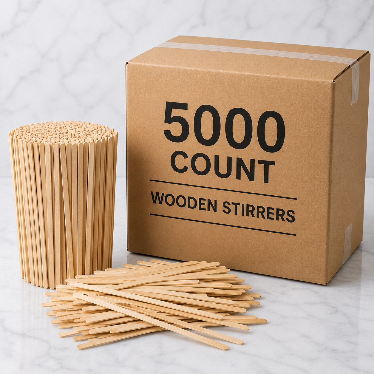 Box of 5000 count wooden stirrers with a container and scattered sticks on a light background