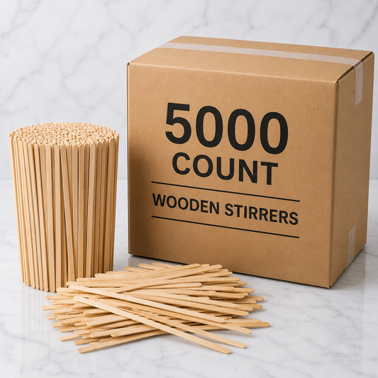 Box of 5000 count wooden stirrers with a container and scattered sticks on a light background
